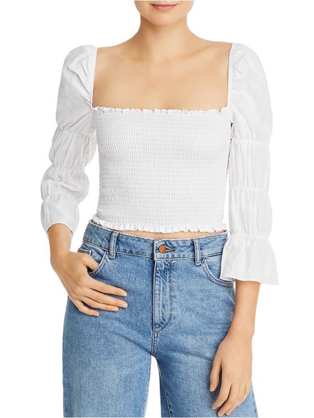 Aqua White Smocked Square-Neck Crop Top with Puff Sleeves